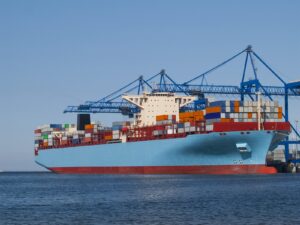 Large cargo ship at a dockyard