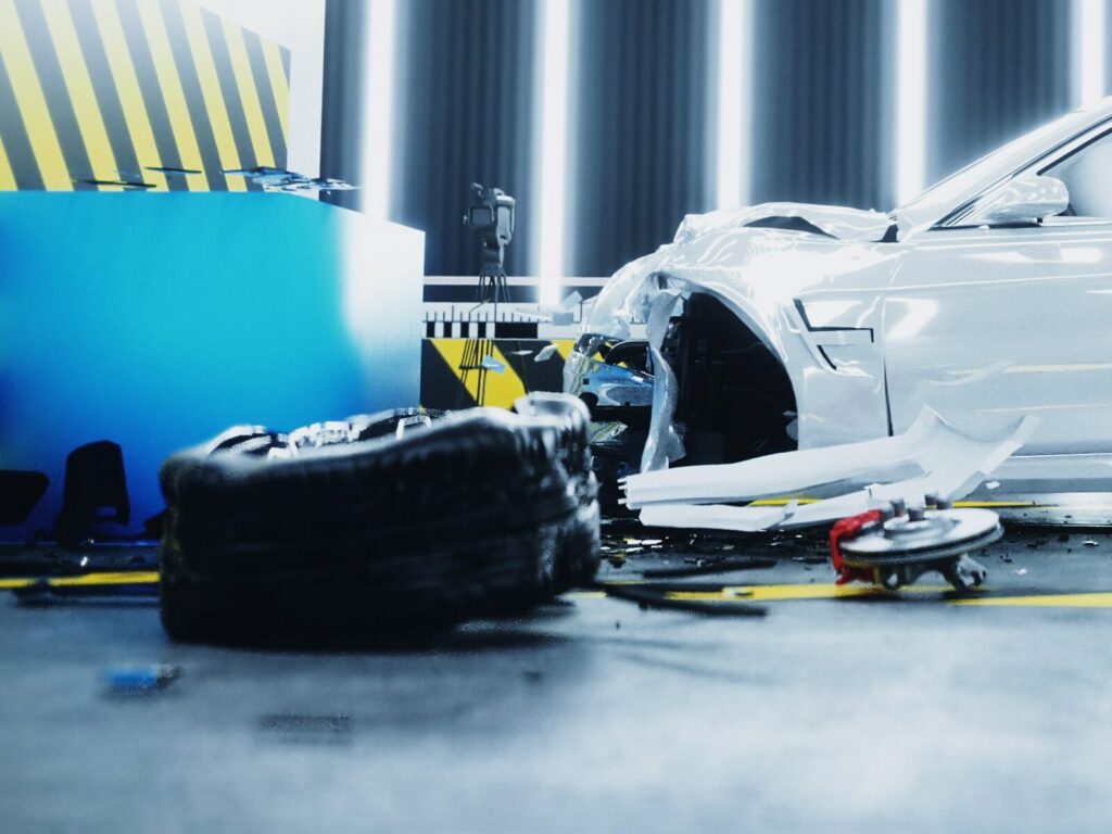 Crash test of a white car in a lab