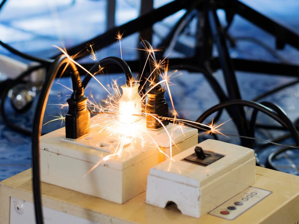 Sparks fly from a short circuiting extension cord.