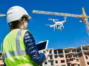 Engineer operates a drone at a construction site for a multistory building.