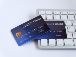 Credit cards on a computer keyboard