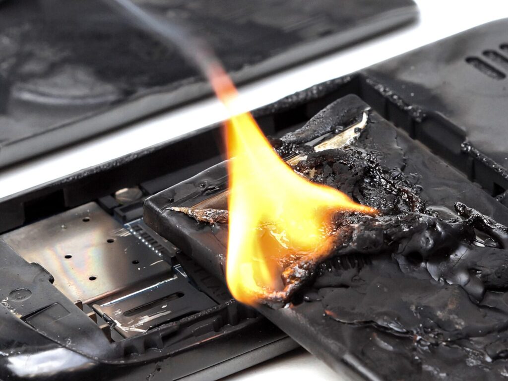 Cell phone battery on fire due to thermal runaway