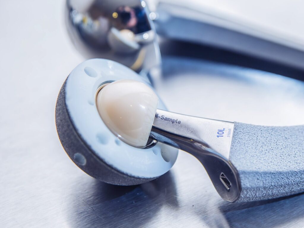 Close up on the ball socket and taper of a hip replacement device