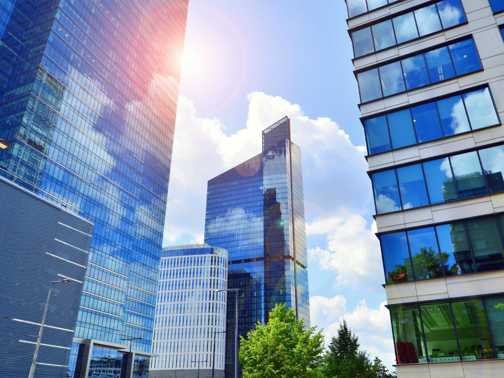 Cityscape with Skyscrapers on a Bright, Sunny Day