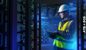 A technician inspects a data center server.